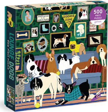 The Lounge Dogs Foil jigsaw puzzle by Galison features an illustration of various dog breeds lounging on a couch, surrounded by framed dog-themed art. The scene is colorful and playful, showcasing a cozy home environment with several playful puppies and dogs, including a corgi, a bulldog, and a beagle. The puzzle contains 500 pieces, making it suitable for both children and adults who enjoy assembling jigsaw puzzles.