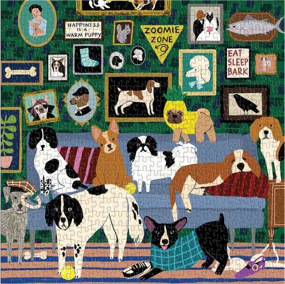 A colorful jigsaw puzzle featuring various adorable dog breeds in a cozy room. The dogs are depicted in playful poses, surrounded by framed pictures and decorative elements, creating a whimsical atmosphere that dog lovers will enjoy. Notable details include a dog in a lion costume, a puppy on a couch, and humorous signs like 'Eat Sleep Bark' and 'Happiness is a Warm Puppy'. The puzzle highlights the joy and companionship of dogs.