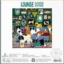 The back of the Lounge Dogs Jigsaw Puzzle box by Galison, featuring a colorful illustration with multiple dogs lounging on a couch, surrounded by framed dog art and playful phrases like 'Happiness is a warm puppy' and 'Eat Sleep Bark'. The design is vibrant and whimsical, showcasing various breeds of dogs in a cozy setting.