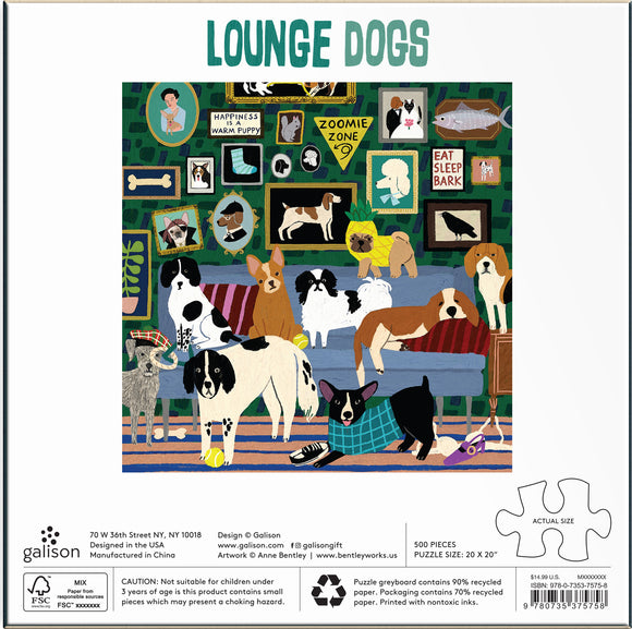 The back of the Lounge Dogs Jigsaw Puzzle box by Galison, featuring a colorful illustration with multiple dogs lounging on a couch, surrounded by framed dog art and playful phrases like 'Happiness is a warm puppy' and 'Eat Sleep Bark'. The design is vibrant and whimsical, showcasing various breeds of dogs in a cozy setting.