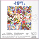 Gather Together jigsaw puzzle by Galison features a vibrant illustration of diverse hands around a table filled with assorted dishes, including salads, meats, and fruits. The colorful, festive design invites family and friends to join in the fun of piecing together a communal feast.