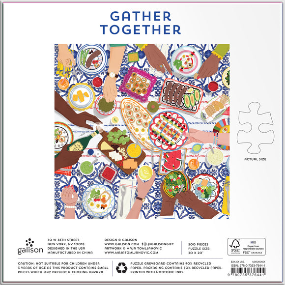 Gather Together jigsaw puzzle by Galison features a vibrant illustration of diverse hands around a table filled with assorted dishes, including salads, meats, and fruits. The colorful, festive design invites family and friends to join in the fun of piecing together a communal feast.