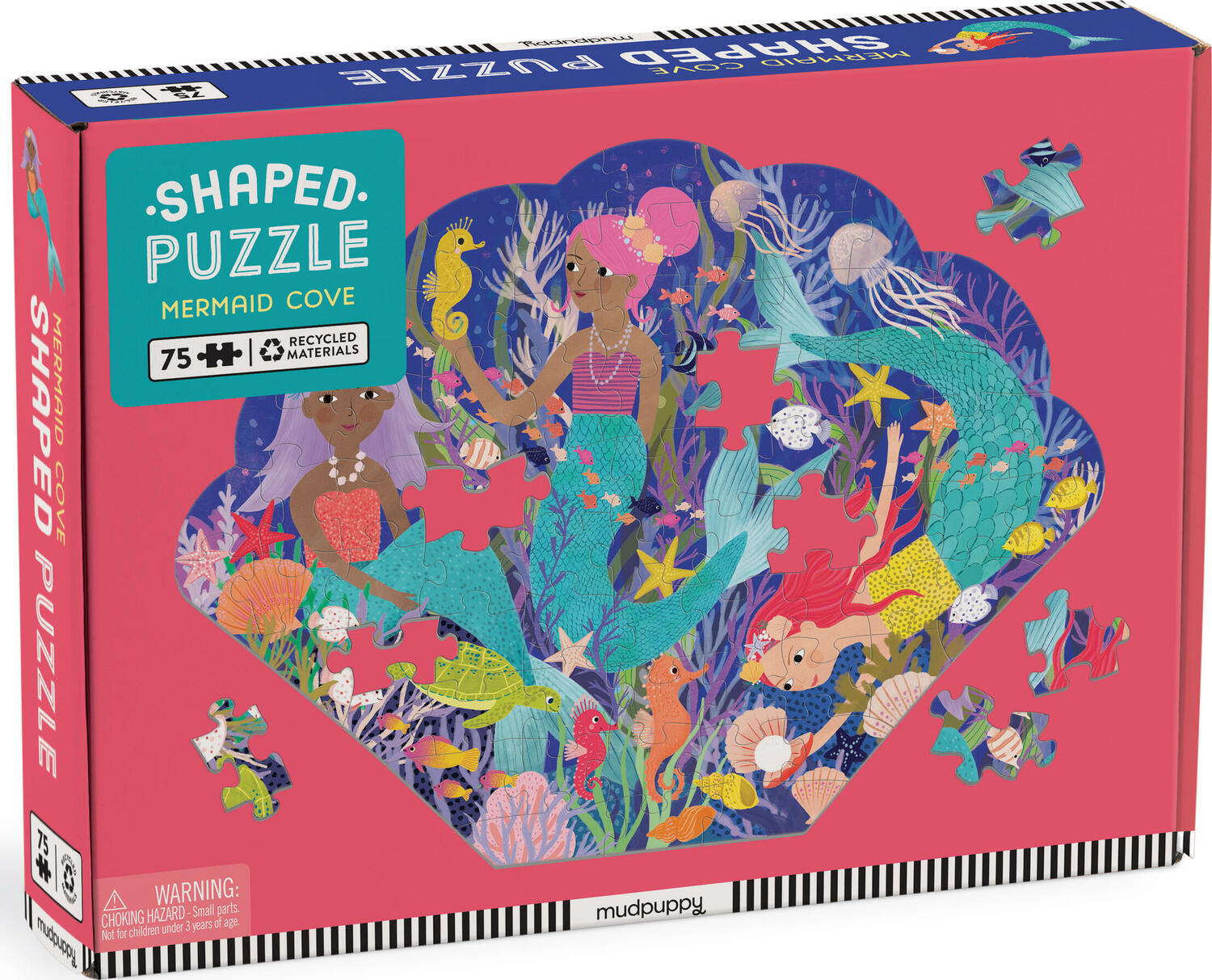 Mermaid Cove shaped jigsaw puzzle by Mudpuppy featuring colorful illustrations of mermaids, sea creatures, and underwater plants. The puzzle has 75 pieces and emphasizes fun and creativity in a unique shell shape.