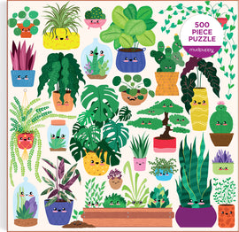 Happy Plants 500-piece jigsaw puzzle featuring various cute and colorful illustrated houseplants with smiling faces in decorative pots, presented by Chronicle Books. The design includes a variety of plant types like cacti, ferns, and leafy greens, all arranged in a vibrant and whimsical fashion, perfect for plant lovers and puzzle enthusiasts alike.