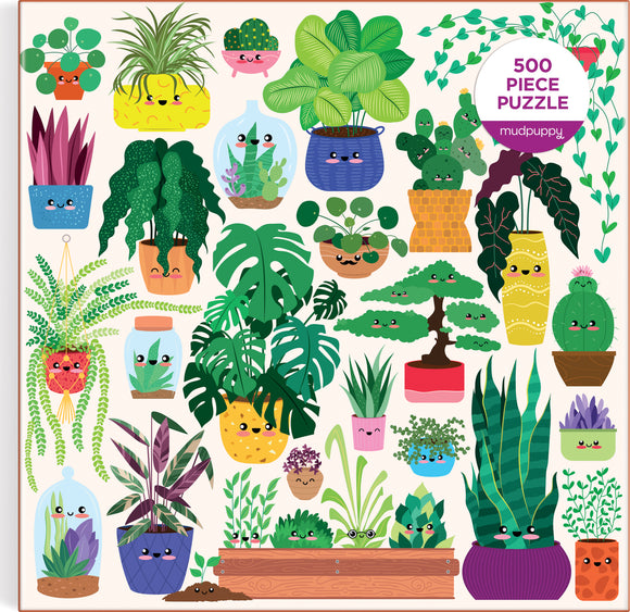 Happy Plants 500-piece jigsaw puzzle featuring various cute and colorful illustrated houseplants with smiling faces in decorative pots, presented by Chronicle Books. The design includes a variety of plant types like cacti, ferns, and leafy greens, all arranged in a vibrant and whimsical fashion, perfect for plant lovers and puzzle enthusiasts alike.