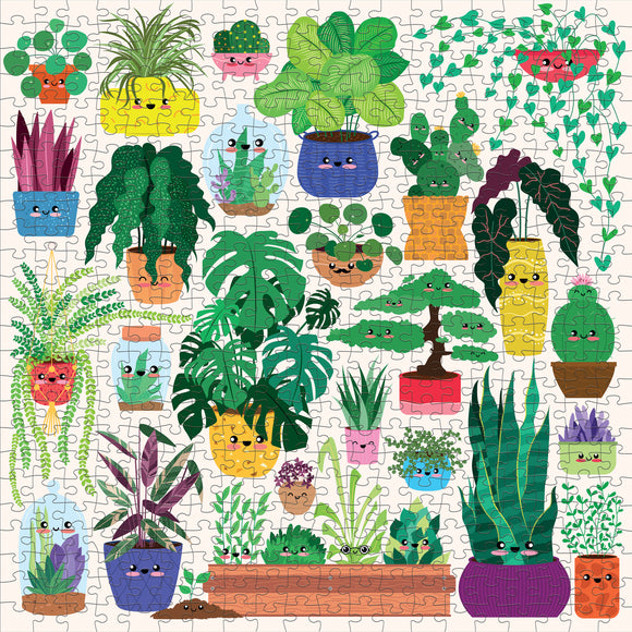 A vibrant jigsaw puzzle featuring a variety of cute, smiling plants in colorful pots. The design showcases an eclectic mix of greenery, including ferns, cacti, and leafy houseplants arranged in playful patterns. Perfect for plant lovers and puzzle enthusiasts alike.