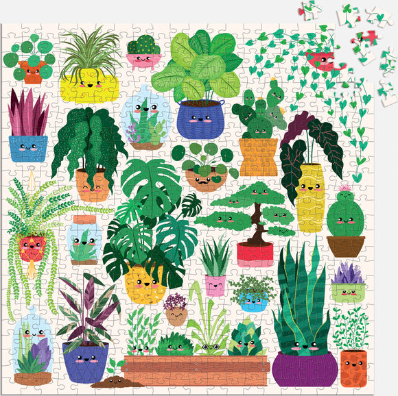 Happy Plants jigsaw puzzle featuring a colorful arrangement of cute, cartoon-style potted plants with smiling faces. The image showcases various types of greenery in different pots, including ferns, succulents, and cacti, all designed with vibrant colors and cheerful expressions, perfect for plant lovers and puzzle enthusiasts alike.