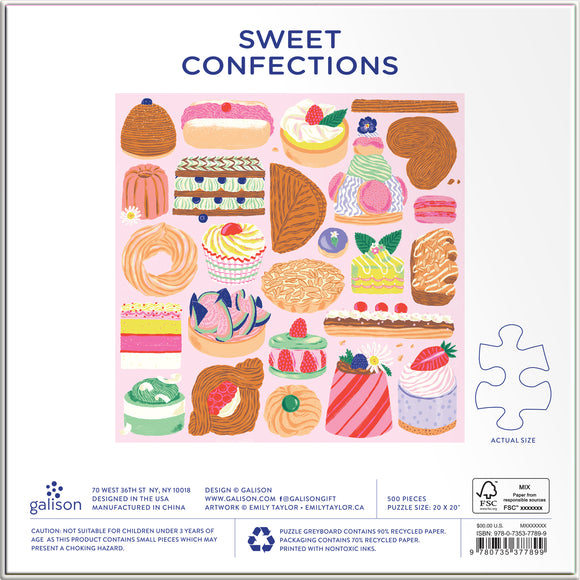 A colorful jigsaw puzzle titled 'Sweet Confections' by Galison, featuring a variety of illustrated desserts such as cakes, pastries, and sweets on a pink background. The puzzle contains 500 pieces and is designed by Emily Taylor.