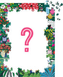 A vibrant, colorful jigsaw puzzle titled 'Shelf Life Surprise Puzzle' by Galison. The puzzle features a floral and whimsical motif with a question mark in the center, hinting at a surprise. Pieces are partially assembled, showcasing intricate designs of plants, flowers, and playful characters.