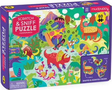 The Scratch and Sniff Pizzasaurus jigsaw puzzle by Mudpuppy features a vibrant, colorful illustration of playful dinosaurs surrounded by pizza, drinks, and various fun elements. The box displays the puzzle's 60 shaped and scented pieces that emit cola, pizza, and garlic scents, aimed at engaging kids in an interactive puzzle experience.