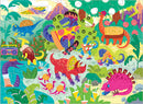 A vibrant jigsaw puzzle illustration featuring colorful dinosaurs engaged in fun activities like roller skating and eating pizza. The backdrop includes tropical plants, playful characters, and whimsical elements like ice cream cones and a volcano. Ideal for children, this engaging design sparks imagination and creativity.