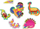 Brightly colored dinosaur-themed jigsaw puzzle featuring quirky characters like a skateboarding pizza dinosaur, a music-loving stegosaurus, and sauropods with playful food accessories. Each piece is designed to illustrate a fun and imaginative scene, perfect for children.