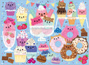 A colorful jigsaw puzzle featuring cartoon cats shaped like ice cream, cupcakes, and donuts against a light blue background. The puzzle showcases an assortment of desserts with playful, cute designs, including strawberries and sprinkles.