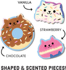 A colorful jigsaw puzzle featuring adorable cat-themed pieces shaped like donuts and cakes. Each piece emits delightful scents such as chocolate, vanilla, and strawberry, making it an engaging experience for puzzle lovers of all ages.