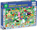 Doggie Days Search and Find jigsaw puzzle by Ridley's Games featuring a vibrant and playful illustration of various dogs in a park setting, complete with colorful accessories and playful poses. The puzzle invites players to piece together a fun scene with over 40 hidden objects to discover, enhancing observational skills while enjoying a whimsical design.