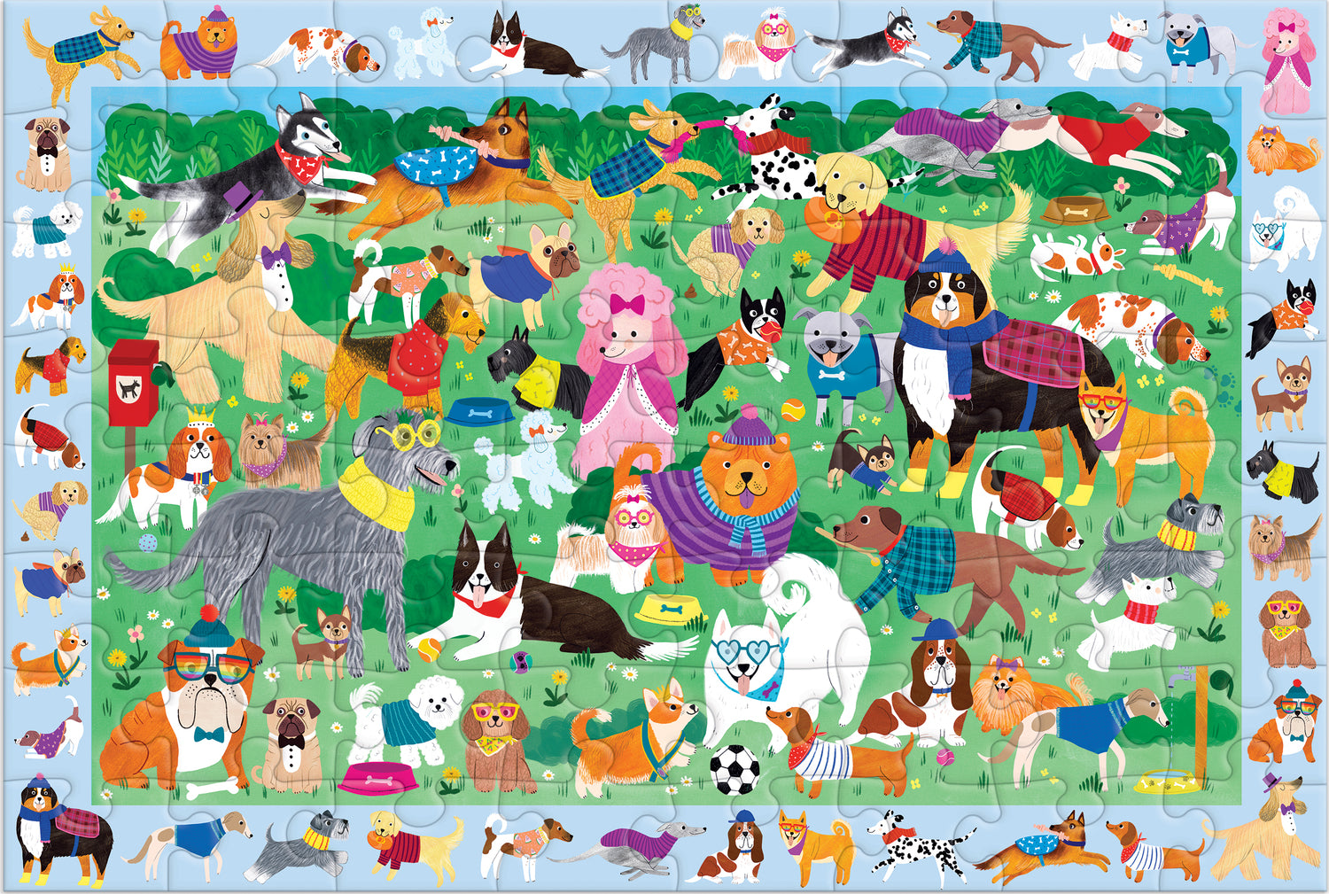 Colorful jigsaw puzzle featuring a playful scene with various cartoon dogs in different outfits playing in a green park. The illustration includes a mix of dog breeds and activities, surrounded by trees and flowers, inviting players to search and find hidden objects among the busy image.