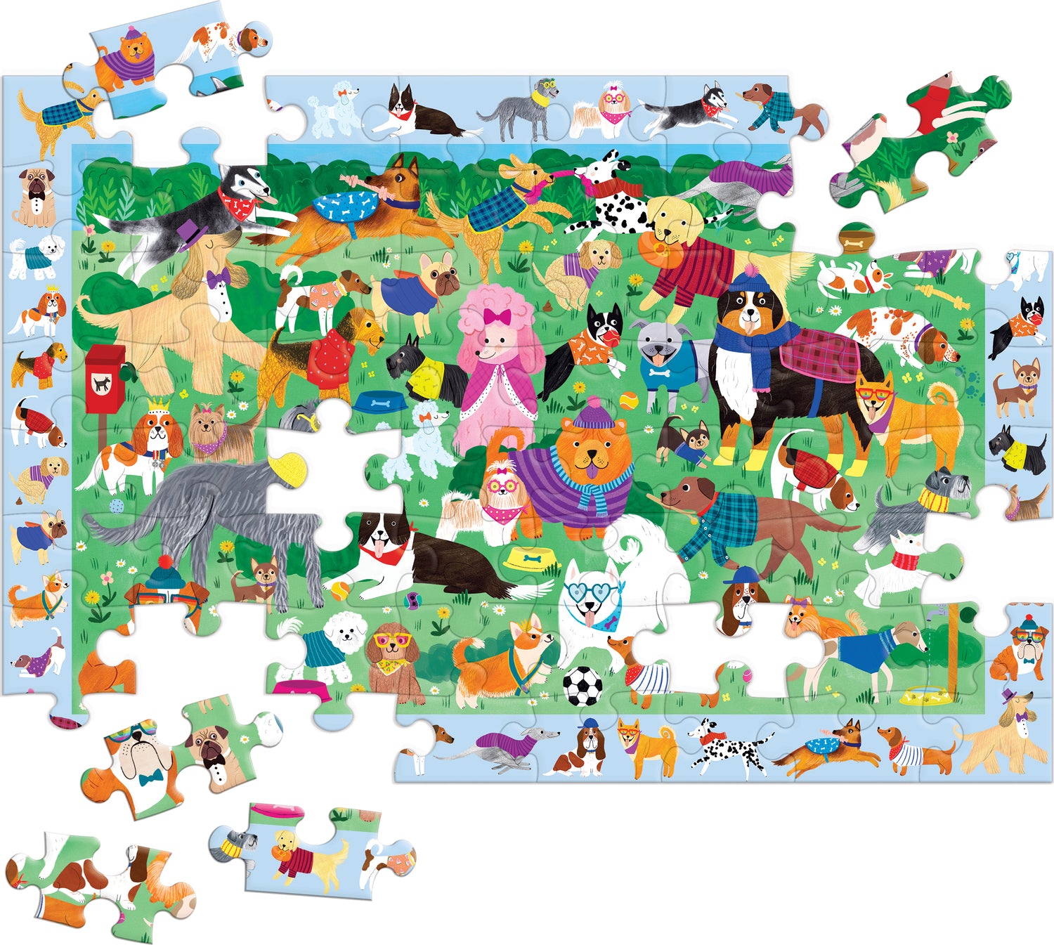 A colorful jigsaw puzzle titled 'Doggie Days Search and Find' featuring a lively scene filled with various dogs of different breeds, sizes, and colors, set in a vibrant green park. The puzzle pieces are scattered, showcasing various characters like a lion in a cape, dogs wearing outfits, and playful puppies engaging in activities.