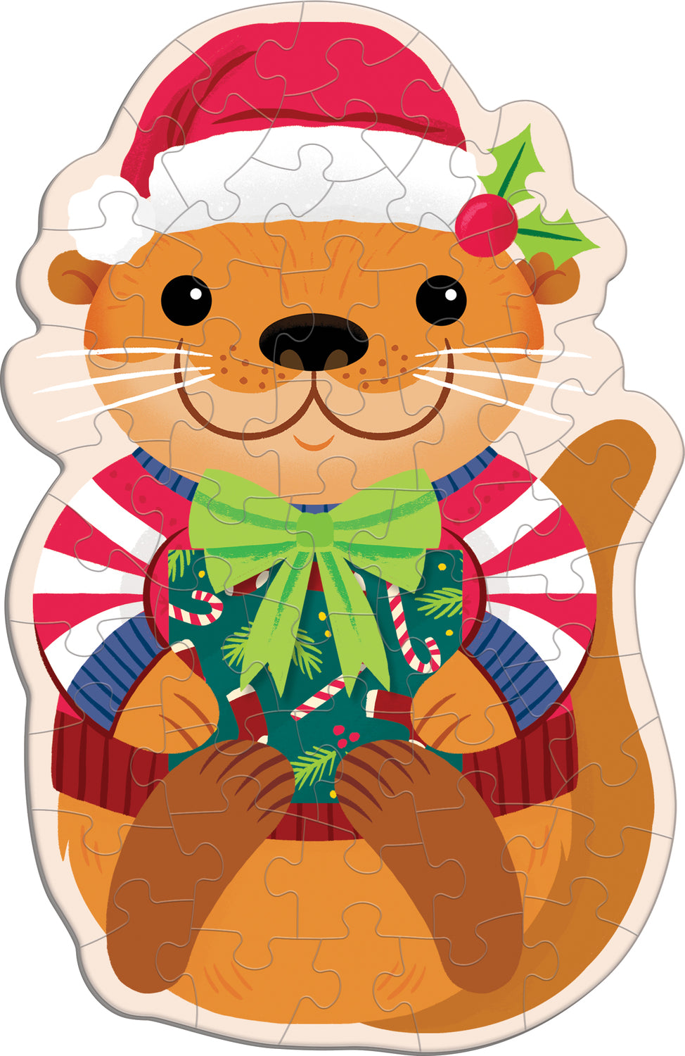 Cute jigsaw puzzle featuring a cheerful otter wearing a Santa hat and a festive striped sweater. The otter holds a gift wrapped in holiday-themed paper. Ideal for holiday fun and family bonding.