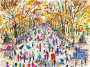 Michael Storrings Fall in Central Park jigsaw puzzle depicting a vibrant autumn scene with colorful leaves, people walking, and park activities. It features statues, benches, and an engaging array of characters enjoying the season.