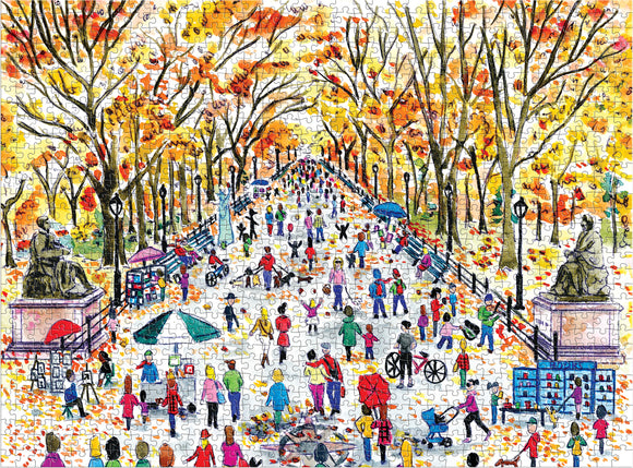 Michael Storrings Fall in Central Park jigsaw puzzle depicting a vibrant autumn scene with colorful leaves, people walking, and park activities. It features statues, benches, and an engaging array of characters enjoying the season.