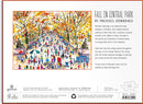 Michael Storrings' jigsaw puzzle titled 'Fall in Central Park' features a vibrant autumn scene in New York City's Central Park. The illustration depicts people walking, enjoying the colorful fall foliage, along with park benches, lampposts, and vendors, capturing the lively atmosphere of the park during this season. The puzzle contains 1000 pieces and measures 27 x 20 inches.