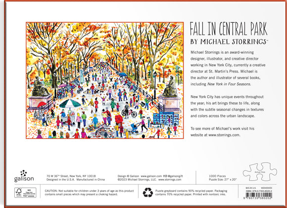 Michael Storrings' jigsaw puzzle titled 'Fall in Central Park' features a vibrant autumn scene in New York City's Central Park. The illustration depicts people walking, enjoying the colorful fall foliage, along with park benches, lampposts, and vendors, capturing the lively atmosphere of the park during this season. The puzzle contains 1000 pieces and measures 27 x 20 inches.