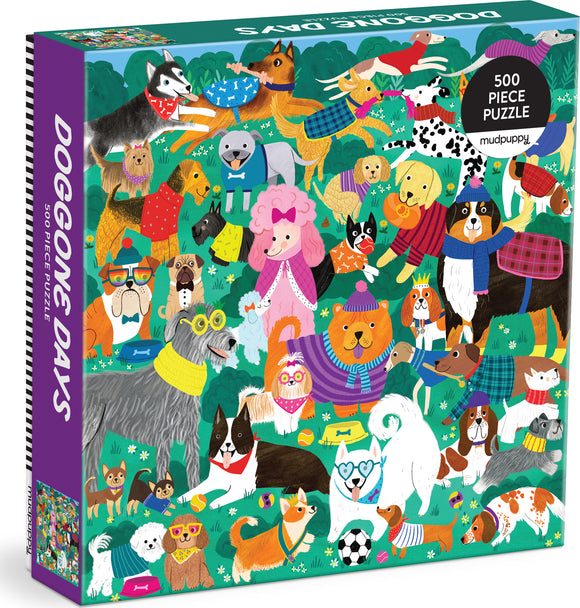 The Doggone Days 500-piece jigsaw puzzle by Mudpuppy features a colorful and whimsical illustration of various dog breeds playing in a vibrant park setting. Dogs are depicted in different fun outfits, surrounded by toys and greenery, making it a delightful puzzle for dog lovers.