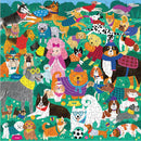 Doggone Days 500pc jigsaw puzzle by Mudpuppy featuring a colorful collage of various dogs in playful poses, wearing sweaters and accessories amidst a green backdrop with flowers.