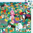 A vibrant 500-piece jigsaw puzzle called 'Doggone Days' by Mudpuppy, featuring an array of playful dogs in colorful sweaters and accessories, set in a cheerful park scene with flowers and greenery. The puzzle showcases various dog breeds including poodles, bulldogs, and huskies, interacting in a lively and whimsical manner.