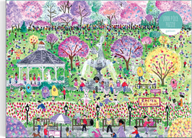 Vibrant and whimsical illustration of an Easter egg hunt featuring a park scene filled with children and adults searching for eggs among blooming trees. A statue of a rabbit stands in the middle, surrounded by colorful flowers and festive decorations. There are various fun activities happening, with people dressed in colorful attires and playful costumes, creating a joyful atmosphere.