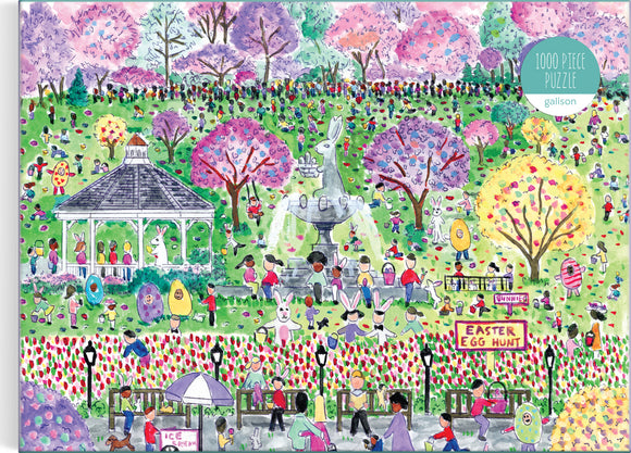 Vibrant and whimsical illustration of an Easter egg hunt featuring a park scene filled with children and adults searching for eggs among blooming trees. A statue of a rabbit stands in the middle, surrounded by colorful flowers and festive decorations. There are various fun activities happening, with people dressed in colorful attires and playful costumes, creating a joyful atmosphere.
