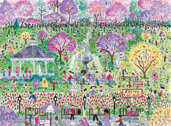 A colorful jigsaw puzzle depicting a lively Easter egg hunt scene, featuring a park filled with families, blooming trees, and children searching for hidden eggs. A gazebo stands prominently in the background, and various characters interact throughout the vibrant landscape.