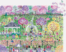 A colorful jigsaw puzzle titled 'Michael Storrings Easter Egg Hunt' featuring a vibrant park scene filled with people participating in an Easter egg hunt. The image includes blossoming trees, a gazebo, and various Easter-themed decorations, creating a cheerful atmosphere. Puzzle pieces are scattered nearby, hinting at the fun to come.
