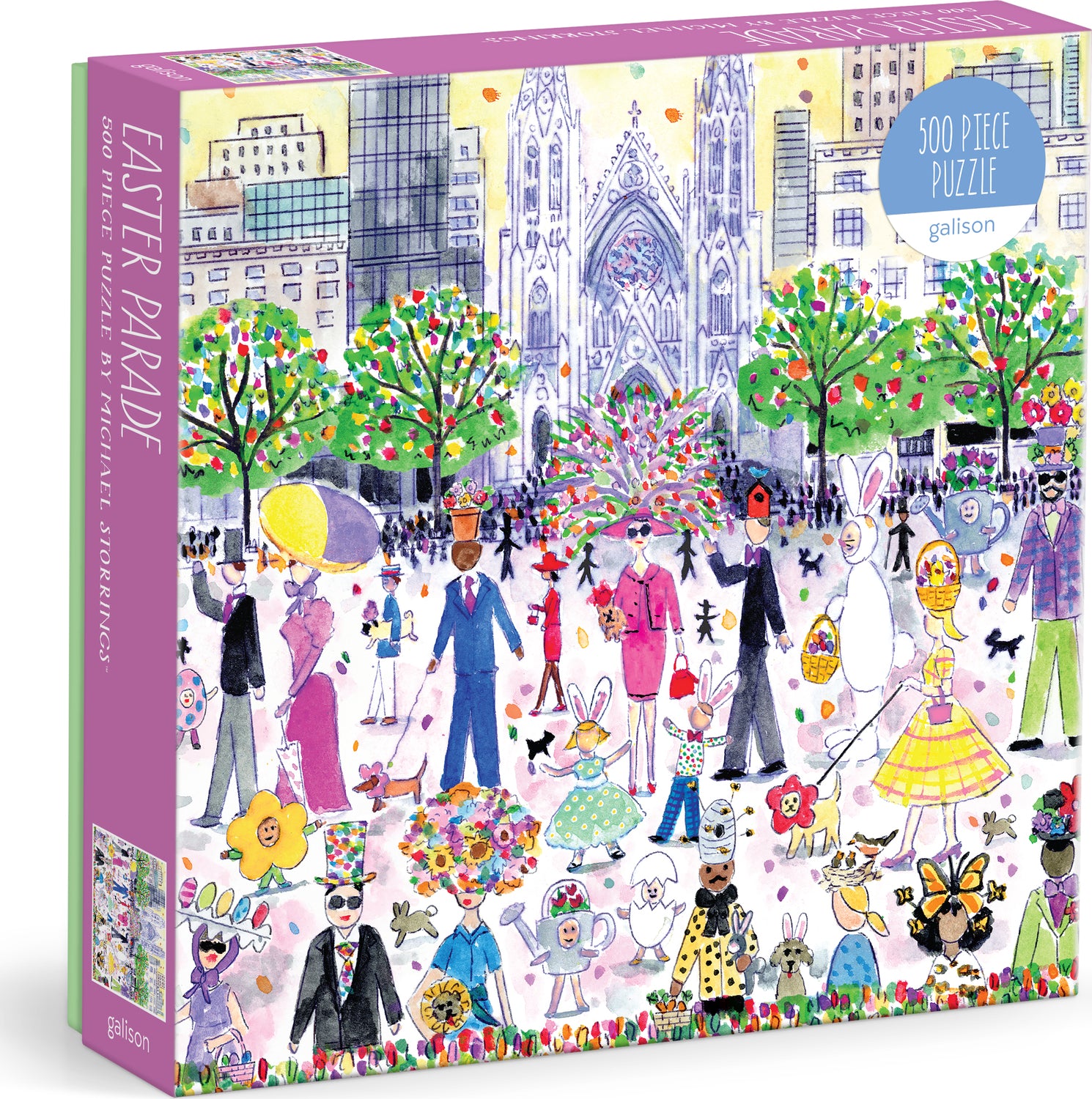 The 'Easter Parade' jigsaw puzzle by Galison showcases a vibrant street celebration with people in joyful attire. The scene includes men and women in stylish outfits, children in playful costumes, and whimsical elements like flowers and Easter bunnies. Tall buildings and lush trees create a springtime backdrop. This 500-piece puzzle offers a delightful challenge for all ages, making it ideal for family gatherings or solo enjoyment.