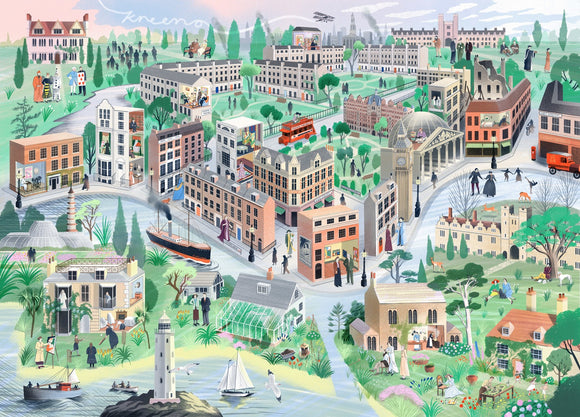 A colorful jigsaw puzzle illustrating key locations and characters related to Virginia Woolf, featuring various buildings, people, and landscapes that reflect her literary world. The design includes a lighthouse, boats, gardens, and iconic London landmarks, making it a visually engaging tribute for literature fans and puzzle enthusiasts alike.