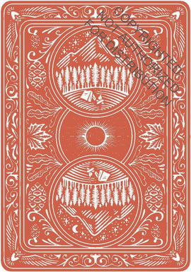 Great Outdoors Playing Cards featuring intricate illustrations of mountains, forests, and nature-themed designs on a warm orange background. Perfect for card games and outdoor enthusiasts.