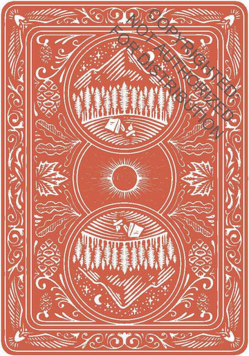 Great Outdoors Playing Cards featuring intricate illustrations of mountains, forests, and nature-themed designs on a warm orange background. Perfect for card games and outdoor enthusiasts.