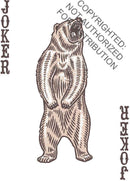 A playing card featuring a detailed illustration of a roaring bear, labeled 'JOKER' on both sides. The bear stands upright, showcasing its strength and wildness. The artistic style is vintage, combining earthy tones with intricate line work.