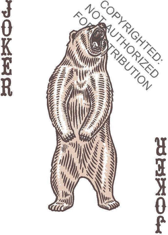 A playing card featuring a detailed illustration of a roaring bear, labeled 'JOKER' on both sides. The bear stands upright, showcasing its strength and wildness. The artistic style is vintage, combining earthy tones with intricate line work.