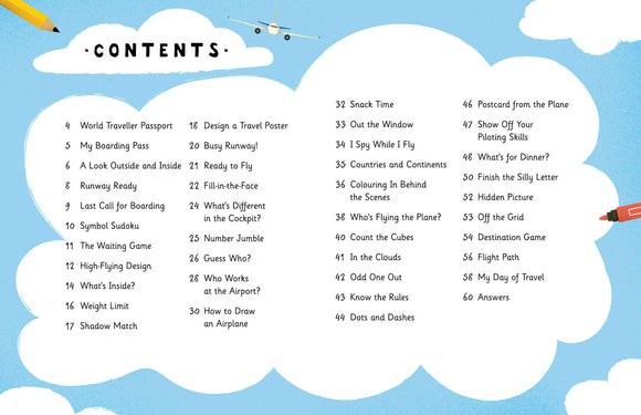 Cover of 'On the Plane Activity Book' by The Quarto Group. The page features colorful illustrations of clouds, an airplane, and a list of fun activities like puzzles, games, and creative tasks for kids to enjoy during travel. Activities include building travel confidence and engaging children in learning while flying.