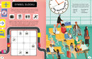 The On the Plane Activity Book features engaging activities for children to enjoy while traveling, including puzzles like Symbol Sudoku and The Waiting Game. Illustrated scenes show various passengers in an airport setting, offering colorful and fun activities designed to keep kids entertained during flights.
