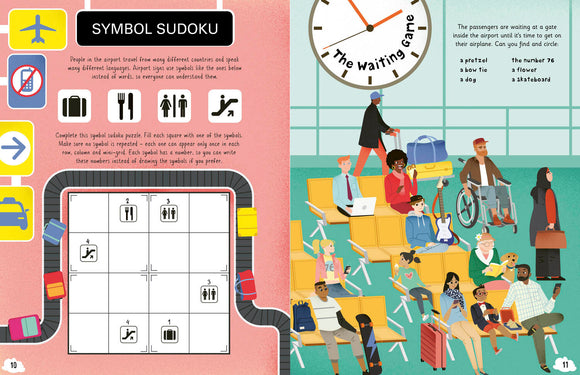 The On the Plane Activity Book features engaging activities for children to enjoy while traveling, including puzzles like Symbol Sudoku and The Waiting Game. Illustrated scenes show various passengers in an airport setting, offering colorful and fun activities designed to keep kids entertained during flights.