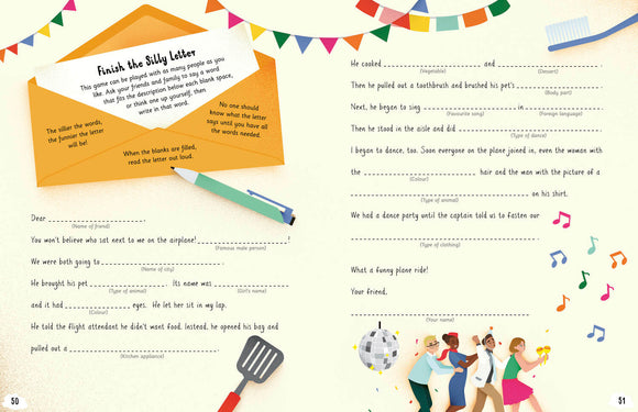 An interactive activity page from the 'On the Plane Activity Book' by The Quarto Group. The page features a playful 'Finish the Silly Letter' game with prompts for creating humorous fill-in-the-blank letters. Colorful banners adorn the top, and the page invites users to complete sentences about airplane experiences, friends, and silly scenarios, encouraging creativity and laughter during travel.