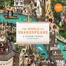 A vibrant jigsaw puzzle titled 'The World of Shakespeare' designed by Adam Simpson, featuring an intricate illustration of various scenes from Shakespeare's plays and Elizabethan England. The puzzle consists of 1000 pieces and showcases a colorful array of characters and settings, making it perfect for literature enthusiasts and puzzle lovers alike.