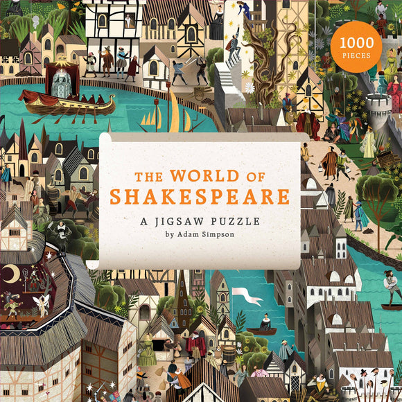 A vibrant jigsaw puzzle titled 'The World of Shakespeare' designed by Adam Simpson, featuring an intricate illustration of various scenes from Shakespeare's plays and Elizabethan England. The puzzle consists of 1000 pieces and showcases a colorful array of characters and settings, making it perfect for literature enthusiasts and puzzle lovers alike.