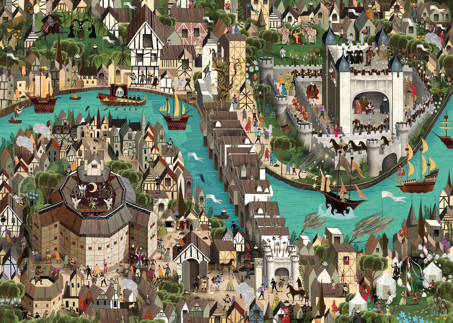 A colorful jigsaw puzzle titled 'The World of Shakespeare' featuring a detailed illustration of a vibrant Renaissance town with a river, ships, and various historical characters. The artwork includes scenes of everyday life, a theater, and a castle, capturing the essence of Shakespeare's world. Perfect for puzzle enthusiasts and fans of literature.