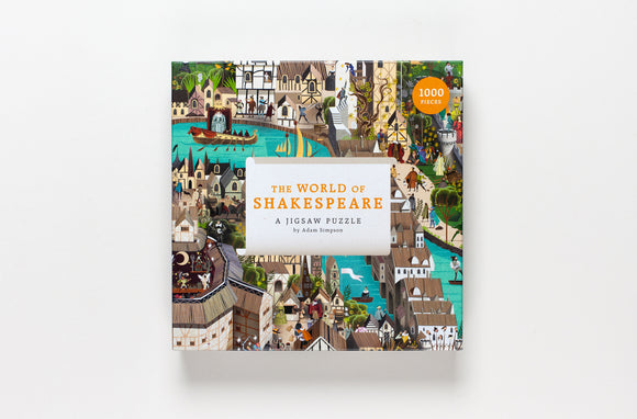 The World of Shakespeare jigsaw puzzle by Laurence King Publishing featuring an intricate illustration of scenes from Shakespeare's works. The box includes 1000 unique pieces and showcases a vibrant landscape with historical characters and settings inspired by Shakespearean plays.
