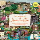 A colorful jigsaw puzzle titled 'The World of Jane Austen' featuring a vibrant illustration filled with scenes from Jane Austen's works. The image includes iconic characters, great houses, and charming landscapes, inviting puzzle enthusiasts to explore and enjoy the world of Austen. The puzzle consists of 1000 pieces and highlights notable characters and locations, making it a delightful activity for fans of literature and puzzles alike.