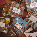 The World of Jane Austen jigsaw puzzle by Laurence King Publishing, featuring a beautifully illustrated 1000-piece design with iconic locations and characters from Jane Austen's novels. The puzzle is displayed on a wooden table alongside other literary-themed puzzles, with some pieces scattered around.