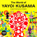 The World of Yayoi Kusama jigsaw puzzle featuring vibrant illustrations including the artist herself in a red polka dot dress with various colorful characters and objects around her, all set against a bright yellow background. This 1000-piece puzzle captures the essence of Kusama's unique art style.